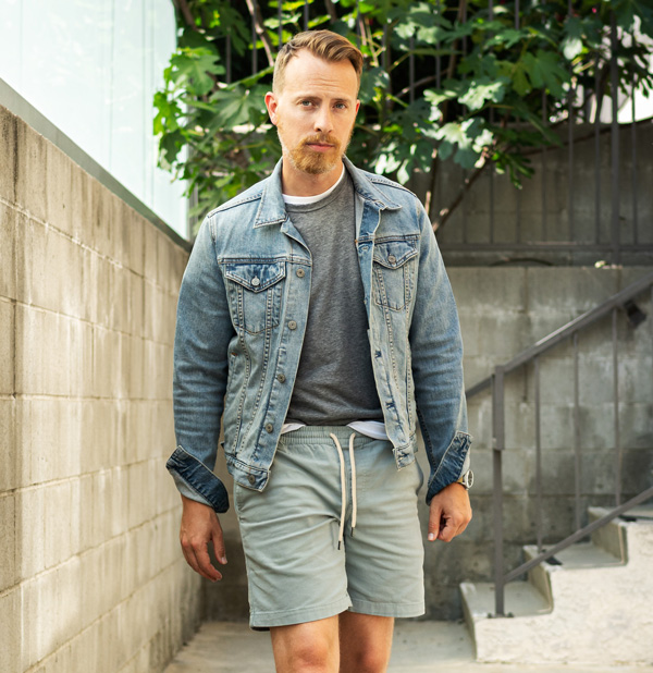 Men's Summer Getup Drawstring Shorts, Denim Jacket, Slipon Sneakers