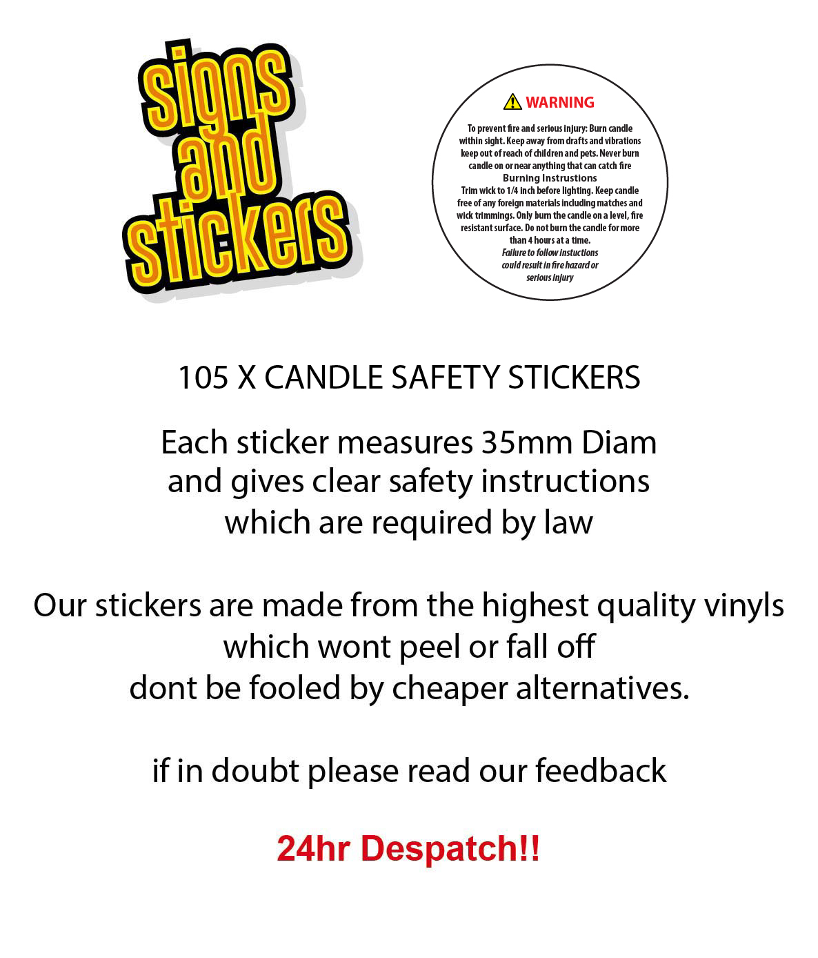 105 x WAX CANDLE SAFETY STICKERS LABELS WARNING INSTRUCTIONS REQUIRED