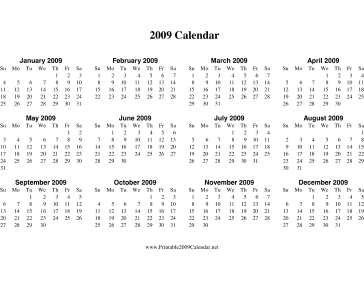 Printable 2009 Calendar on one page (horizontal)