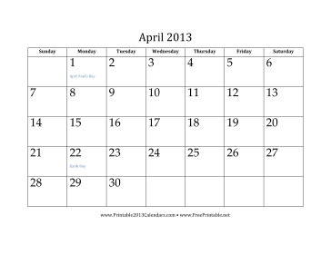 Printable April 2013 Calendar