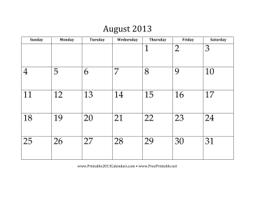 Printable August 2013 Calendar
