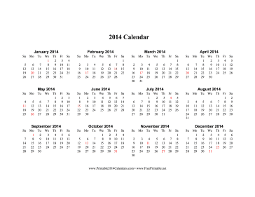Printable 2014 Calendar on one page (horizontal, holidays in red)