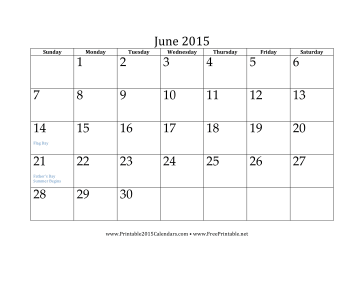 Printable June 2015 Calendar