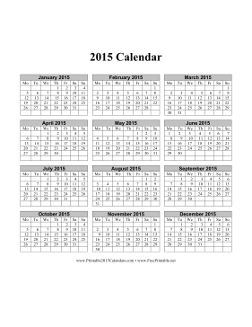 Printable 2015 Calendar on one page (vertical, week starts on Monday)