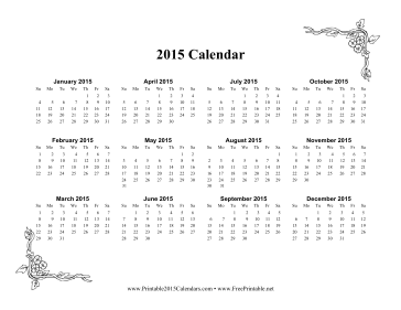 Printable 2015 One Page Calendar With Flowers