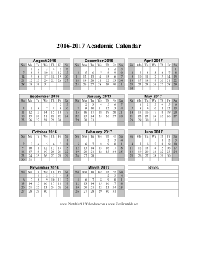 Printable 2016-2017 Academic Calendar