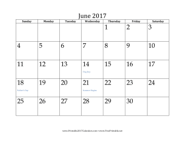 Printable June 2017 Calendar