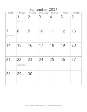 Printable September 2025 Calendar (vertical)