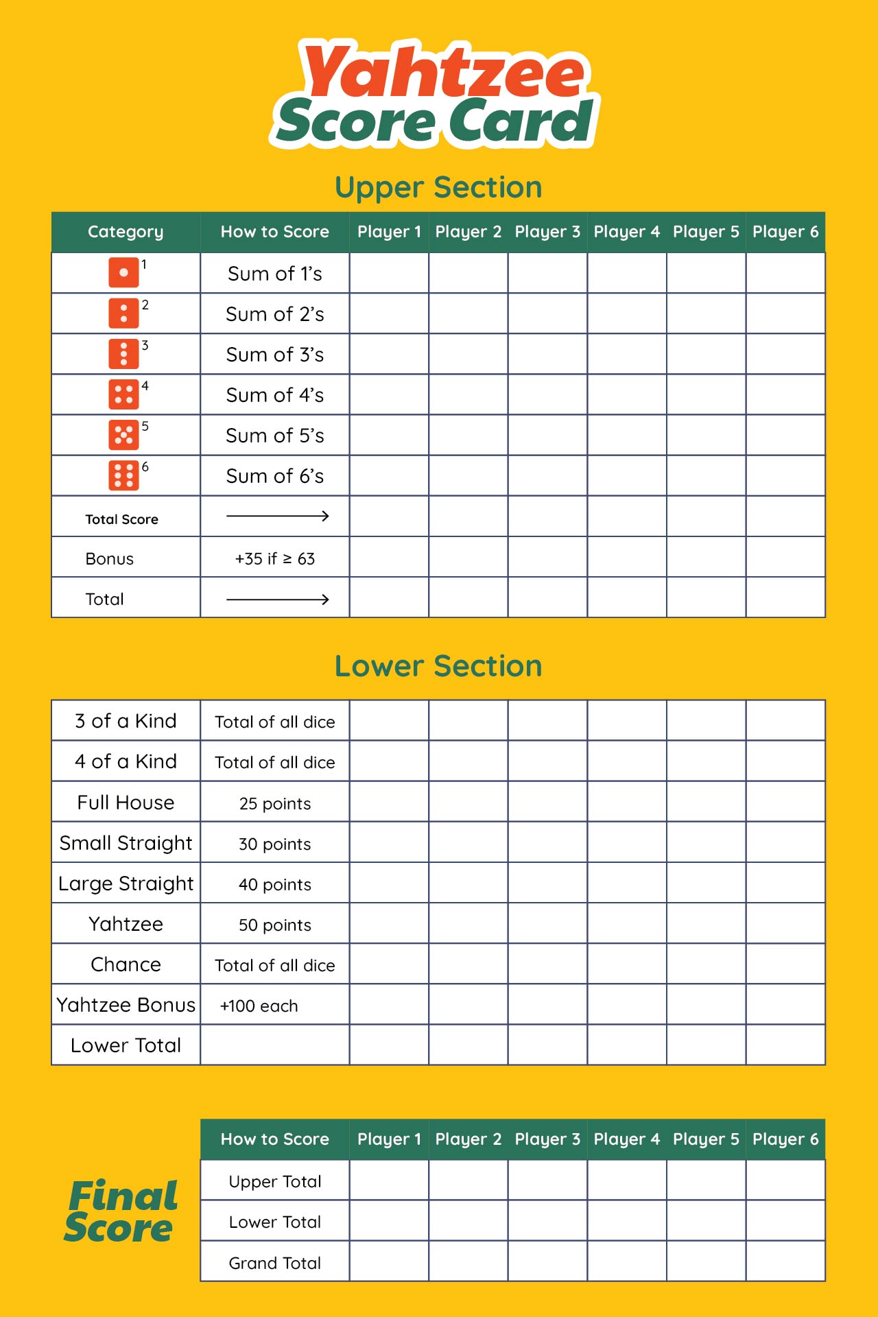 10 Best Large Printable Yahtzee Score Sheets
