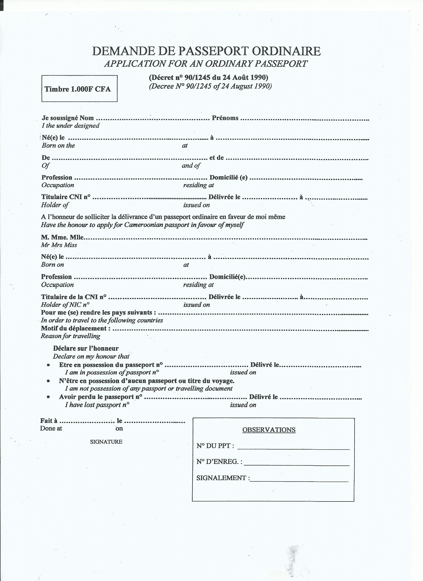Cameroon Embassy Passport Renewal Form Printable Form 2024