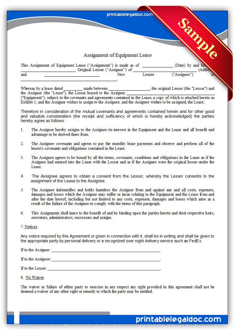 Free Printable Assignment Of Equipment Lease Form (GENERIC)