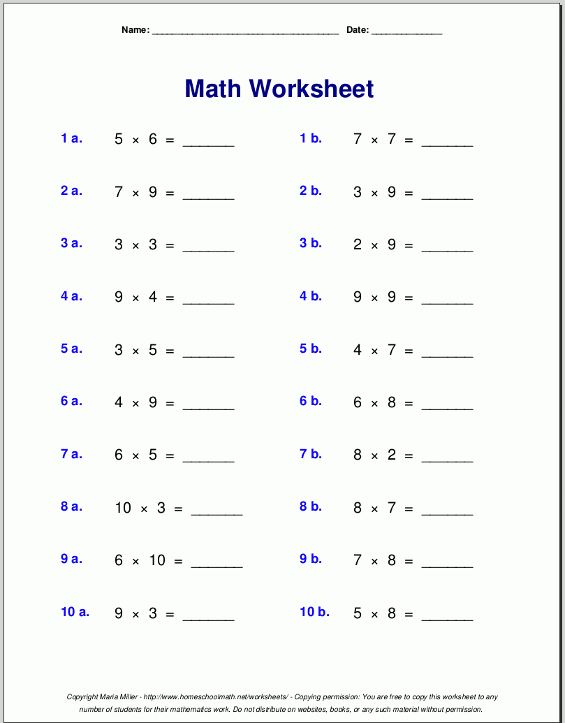 Grade 4 Multiplication Worksheets for Printable Multiplication Test 50