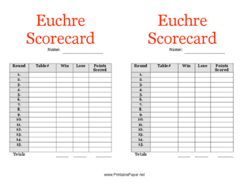 Printable Euchre Scorecard