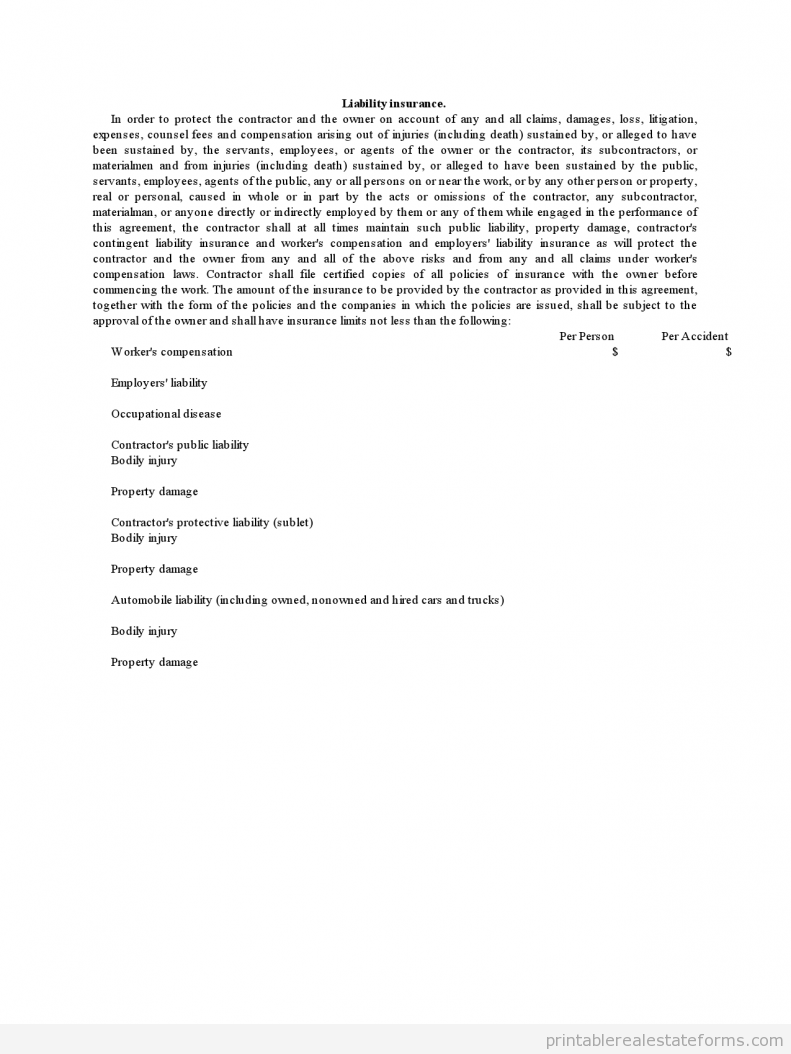 Free Printable Liability Insurance 2 Form (PDF & WORD)