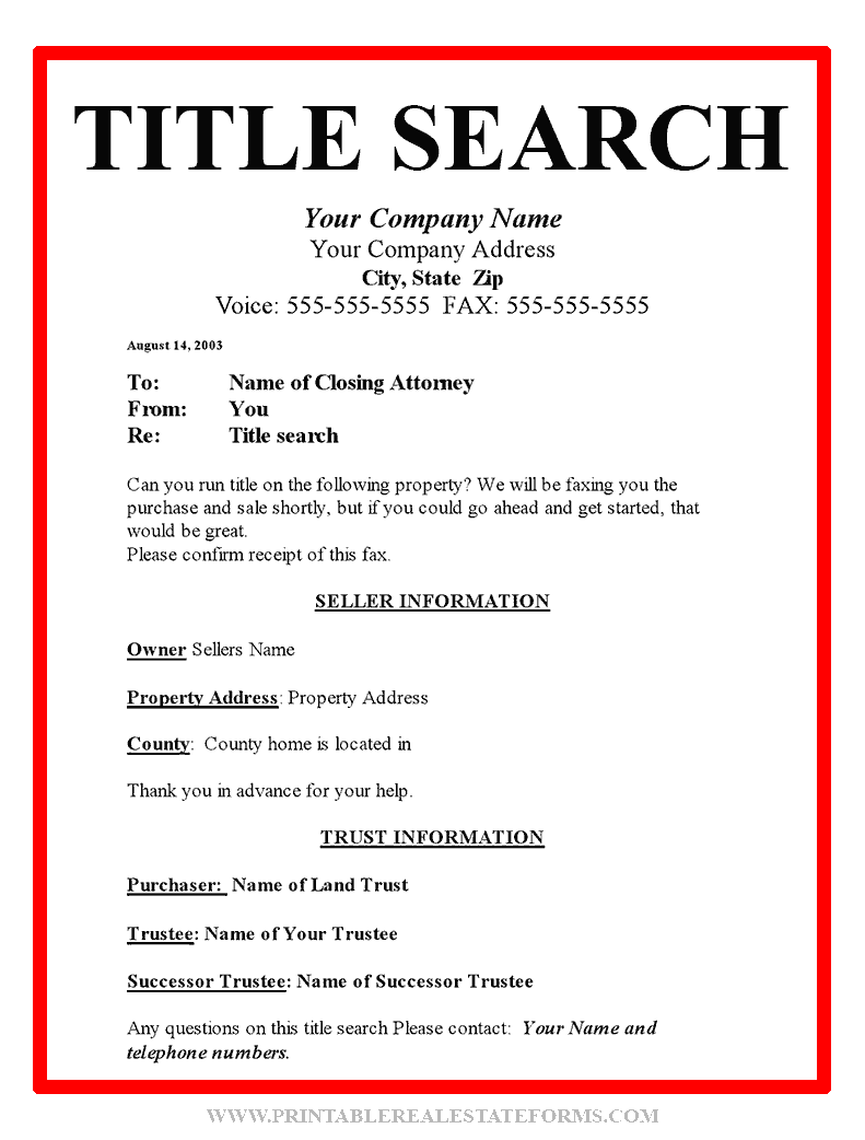 Real Estate Title Search Forms Template (EDITABLE WORD)