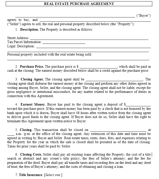 Real Estate Purchase Contract 7 Printable Samples