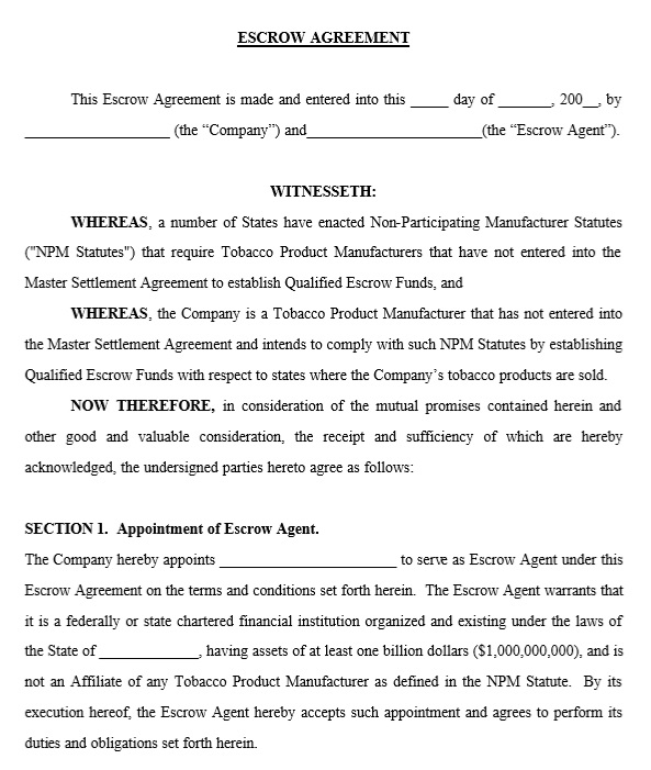 10 Free Sample Escrow Agreement Templates Printable Samples