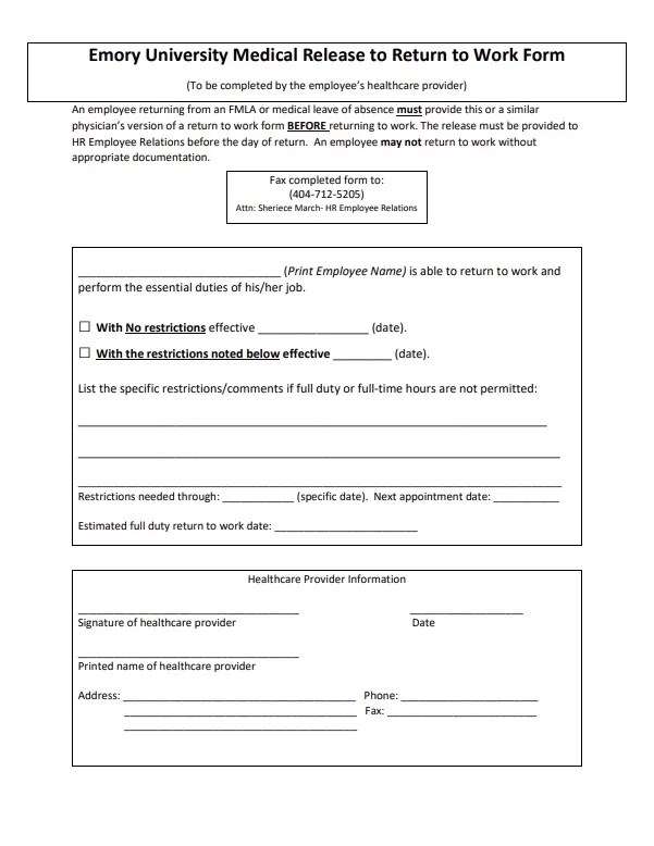 105 Free Return-to-Work Forms - { DOCX & PDF } - Printable Samples