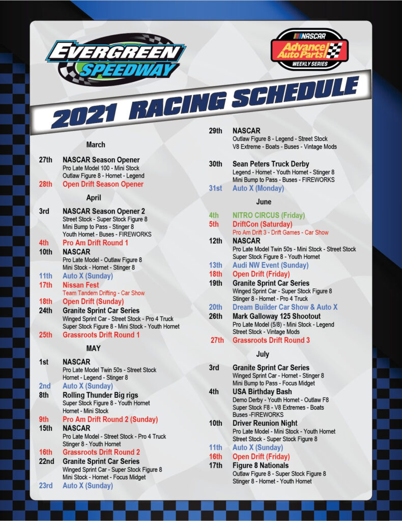 2021 Schedule Evergreen Speedway Printable Schedule