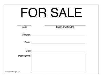 Printable Car For Sale Sign