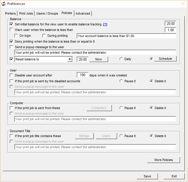 Assign print quota to individual user or assigned based on user's group. When user quotas are