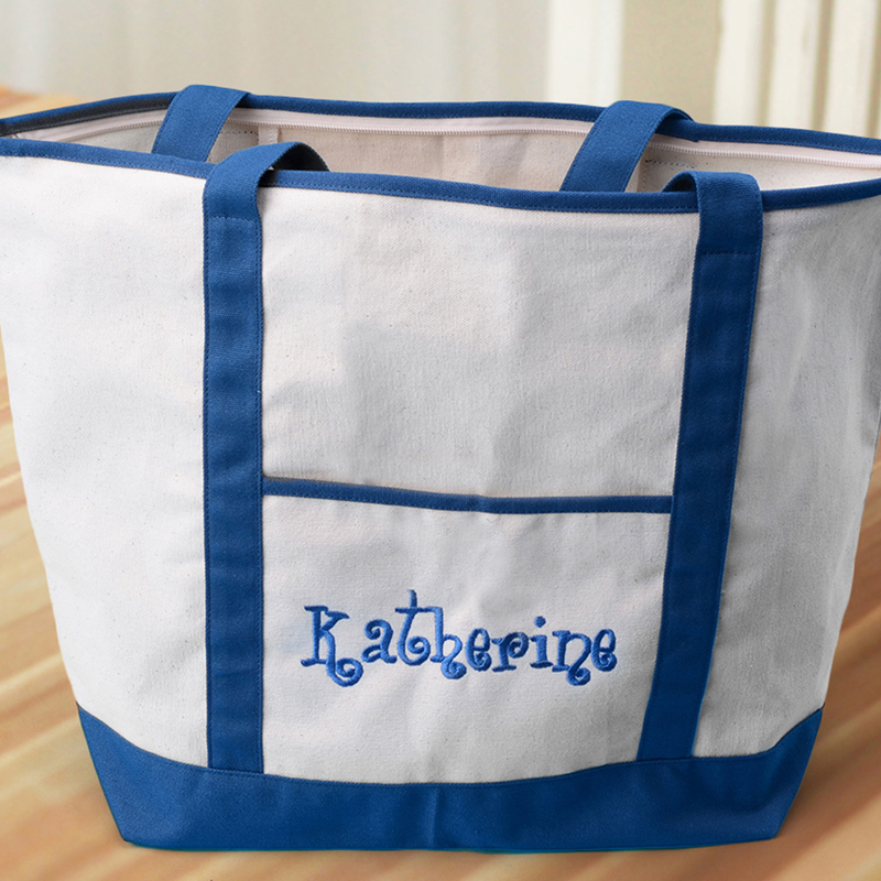 Blaue Bestickte Stofftasche Groß mit Reißverschluss