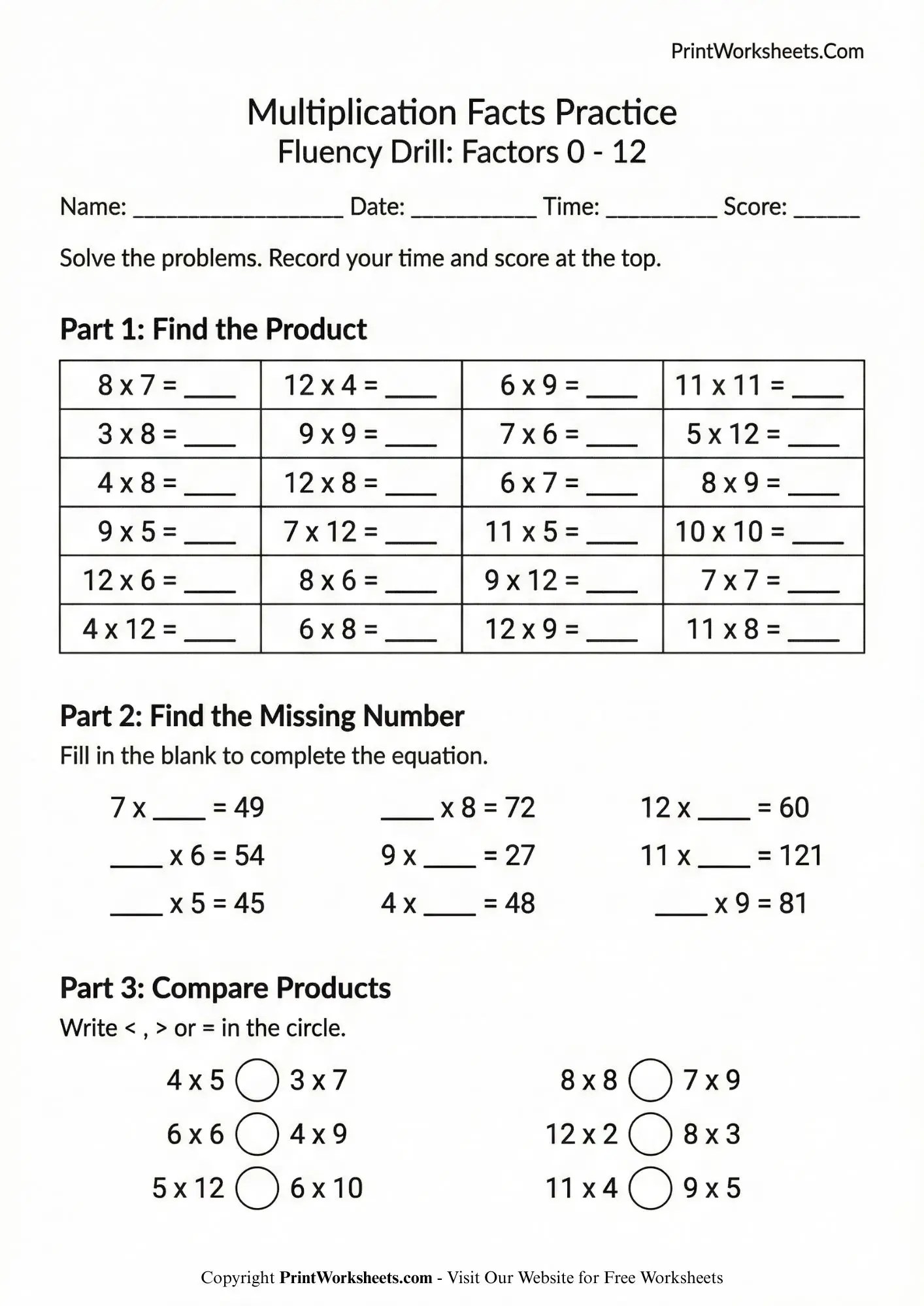 4th Grade Multiplication Facts Worksheets (Fluency Drills 012)