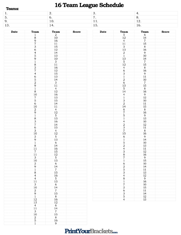 Printable 16 Team League Schedule Printable 16 Team League Schedule