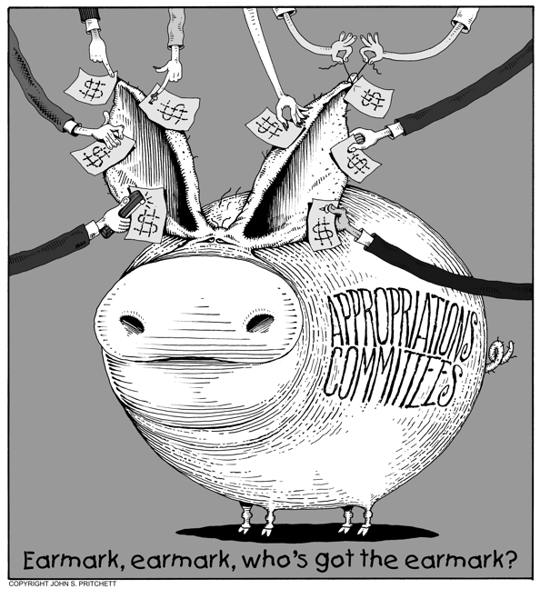 Anonymous earmarks cartoon, political pork cartoon illustration, pork barrel politics, Senate