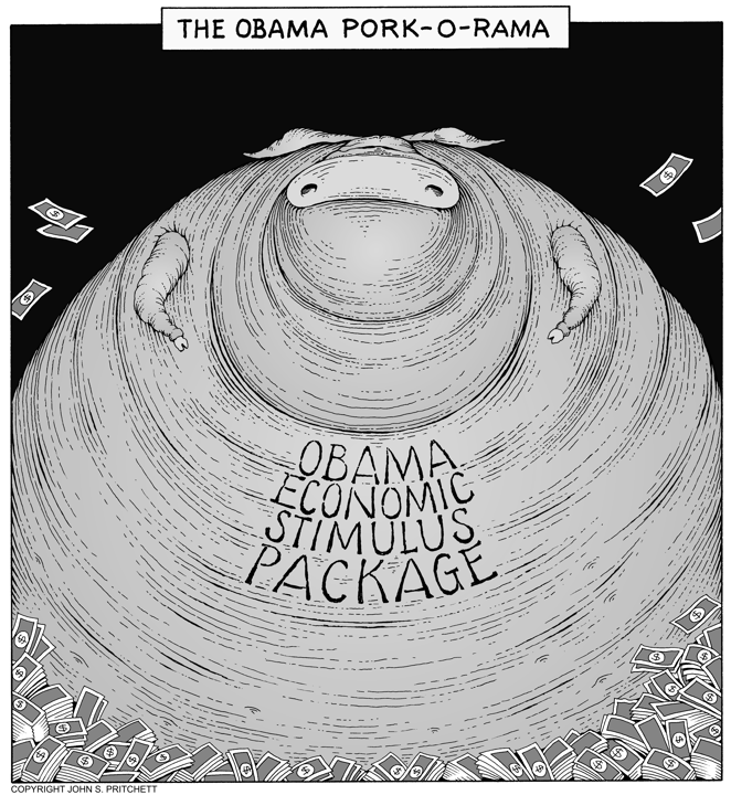 Obama economic stimulus package cartoon, pork barrel spending, wasteful
