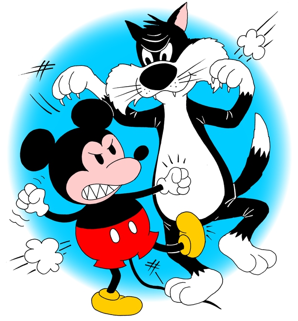 Cat and mouse fighting characters, color cartoon illustration by John
