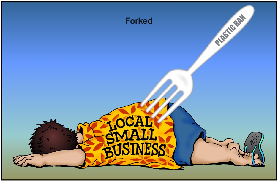 Plastic ban cartoon, Honolulu City Council passes bill 40 banning