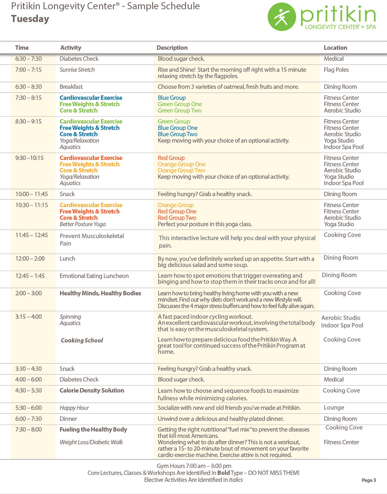 Sample OneWeek Schedule Pritikin Weight Loss Resort