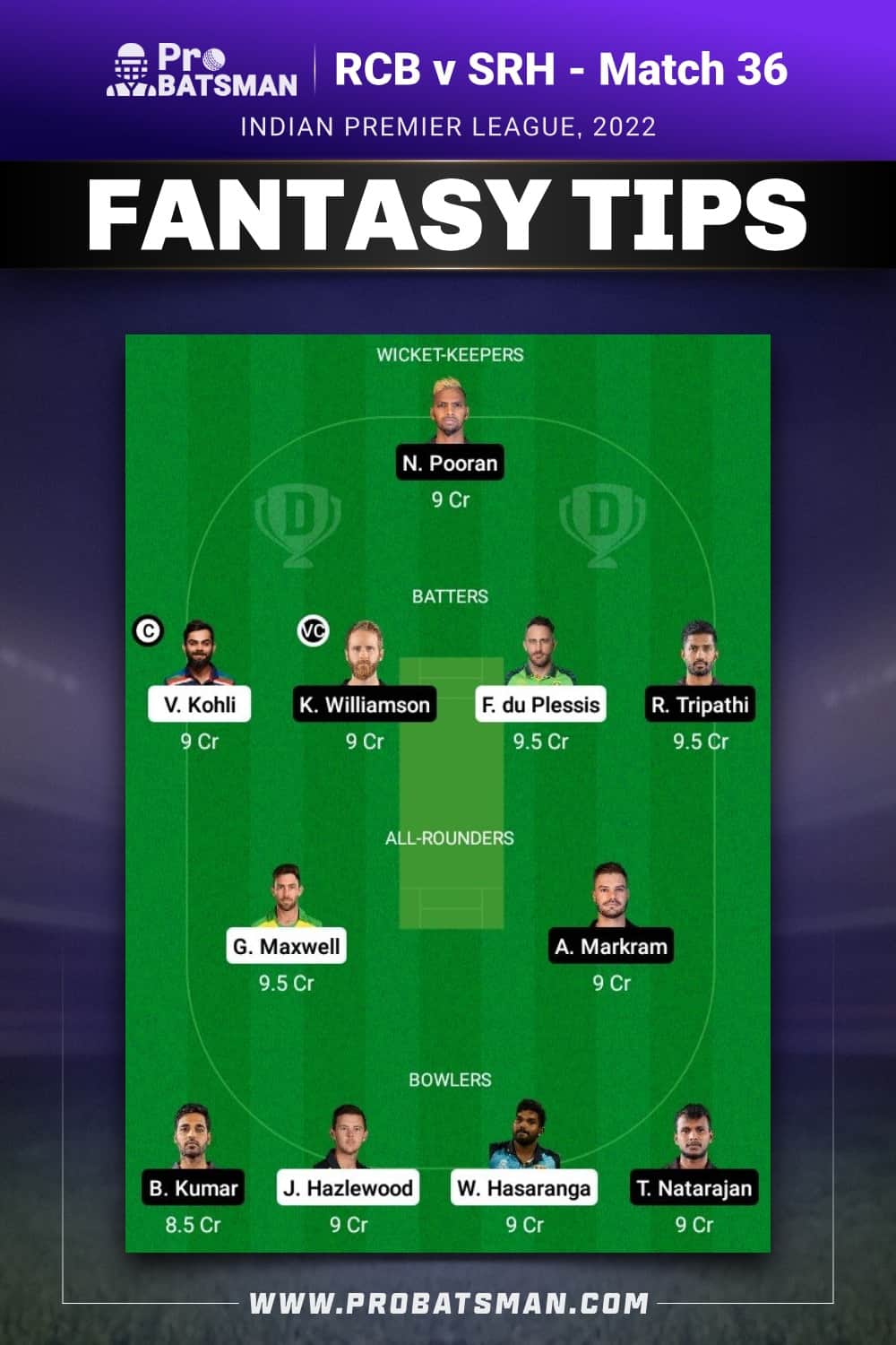 IPL 2022, Match 36 RCB vs SRH Dream11 Prediction With Preview
