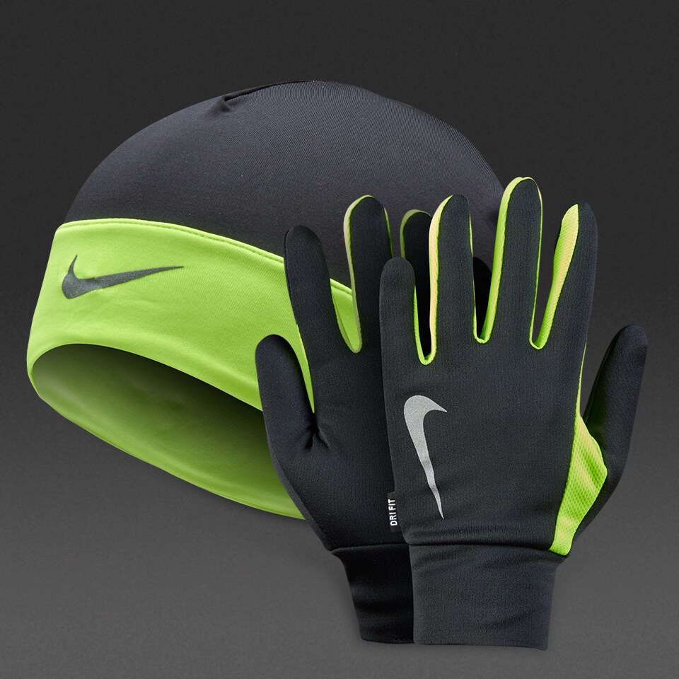 Nike Mens Running DriFit Glove/Beanie Set Accessories Black/Volt ProDirect Running