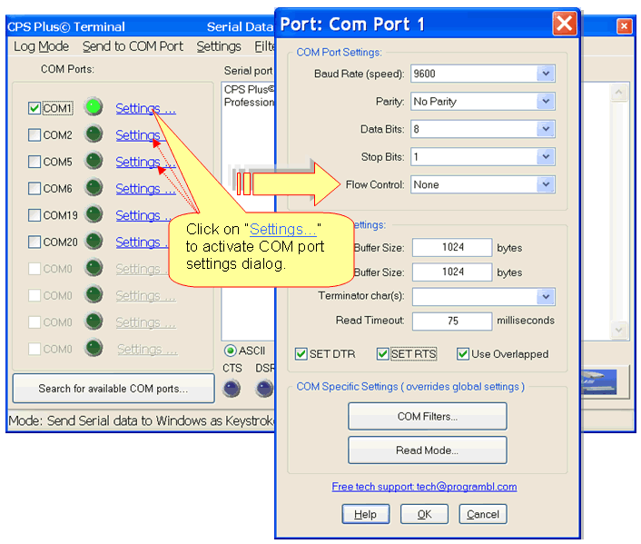 RS232 Port configuration flow control / handshaking