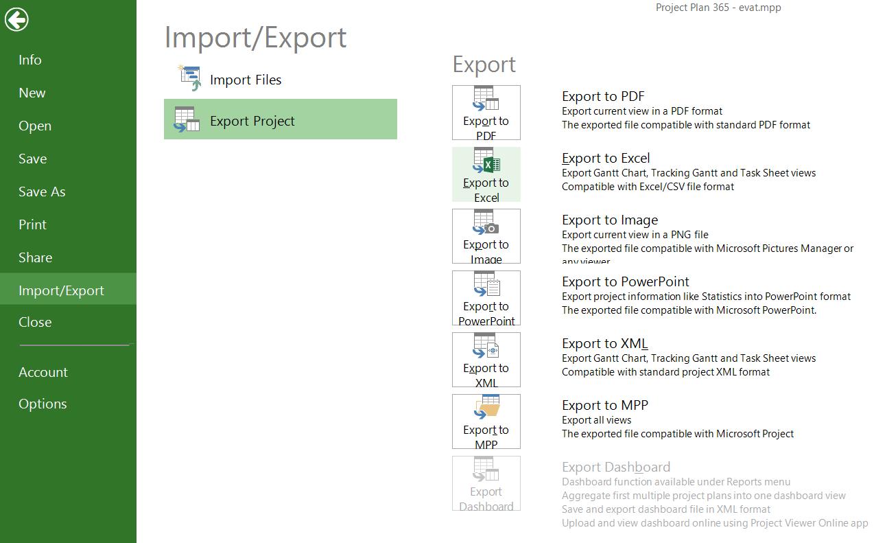 Export to Excel (CSV) Project Plan 365