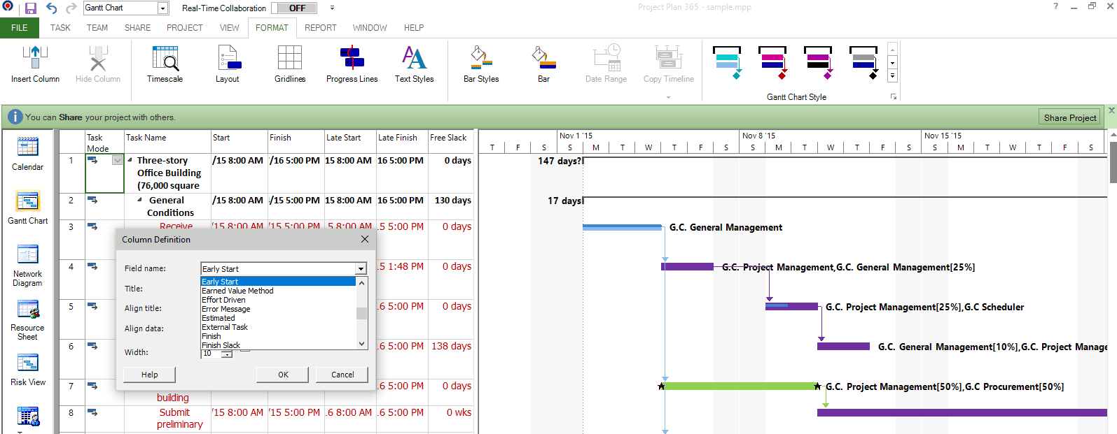 Early Start and Early Finish fields calculation Project Plan 365
