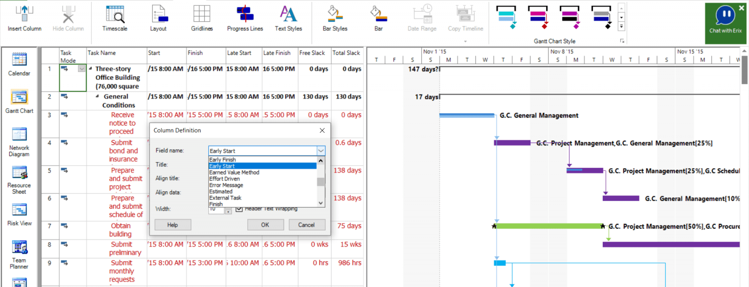 Early Start and Early Finish fields calculation Project Plan 365