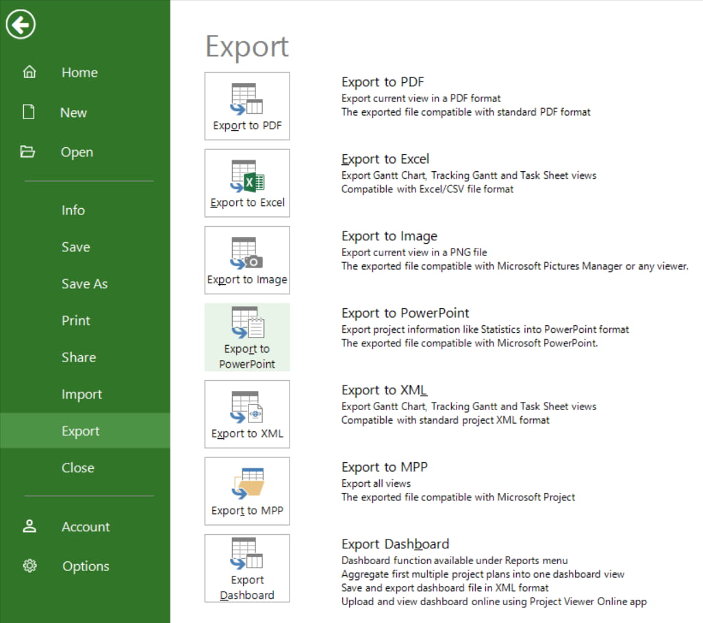 Export to PowerPoint Project Plan 365