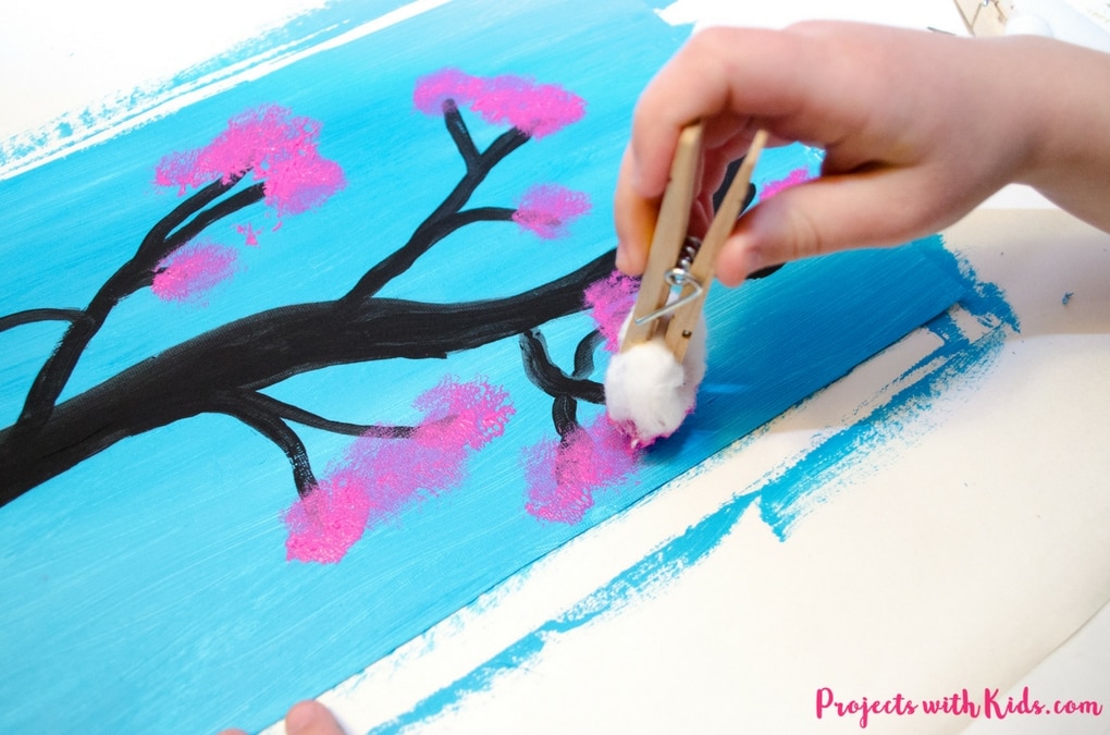 Cherry Blossom Painting with Cotton Balls Projects with Kids