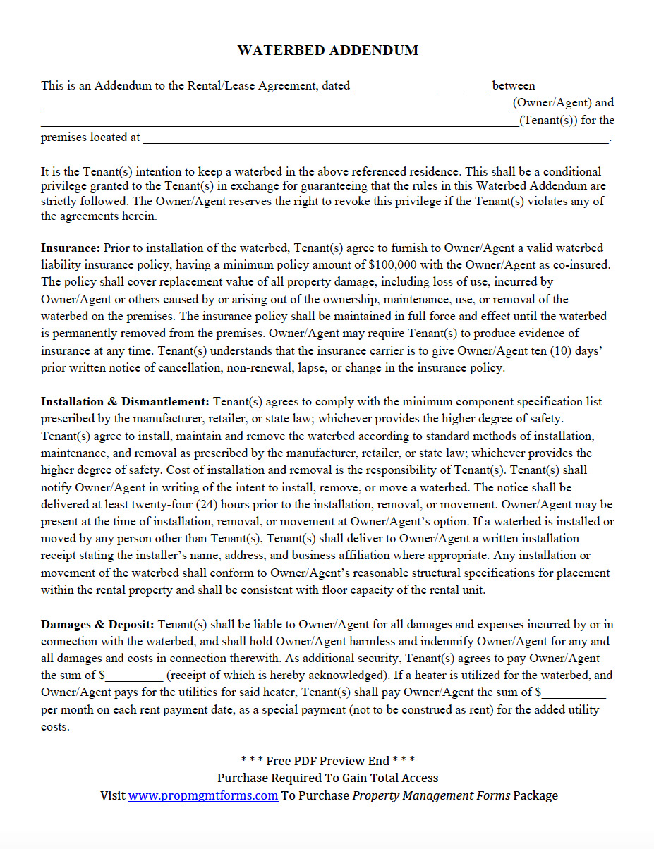 Waterbed Addendum Property Management Forms Contracts, Agreements