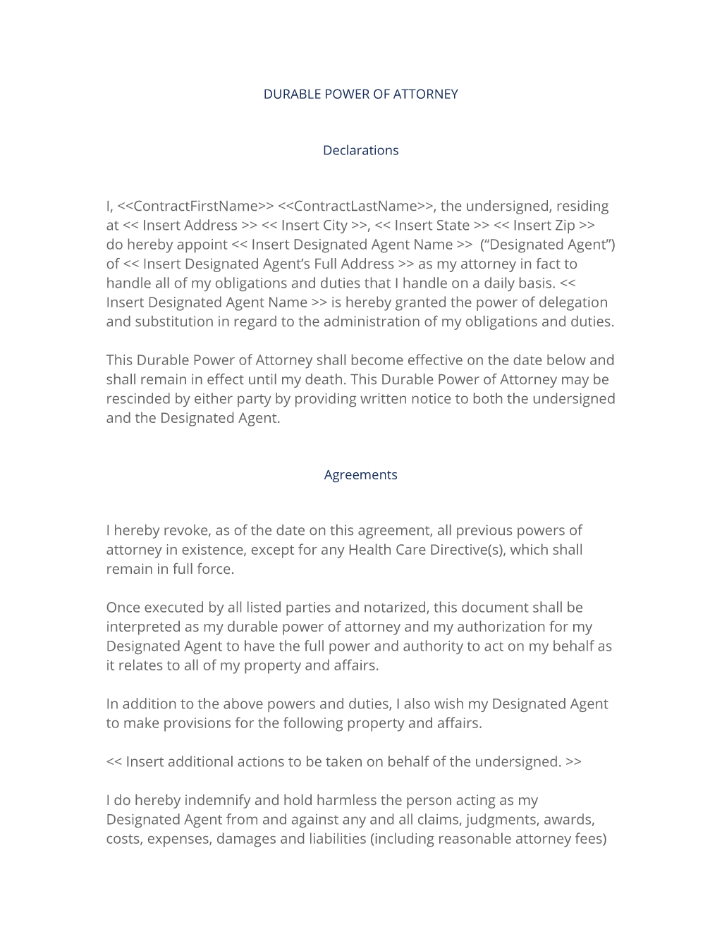 Durable Power of Attorney Agreement Downloadable Template