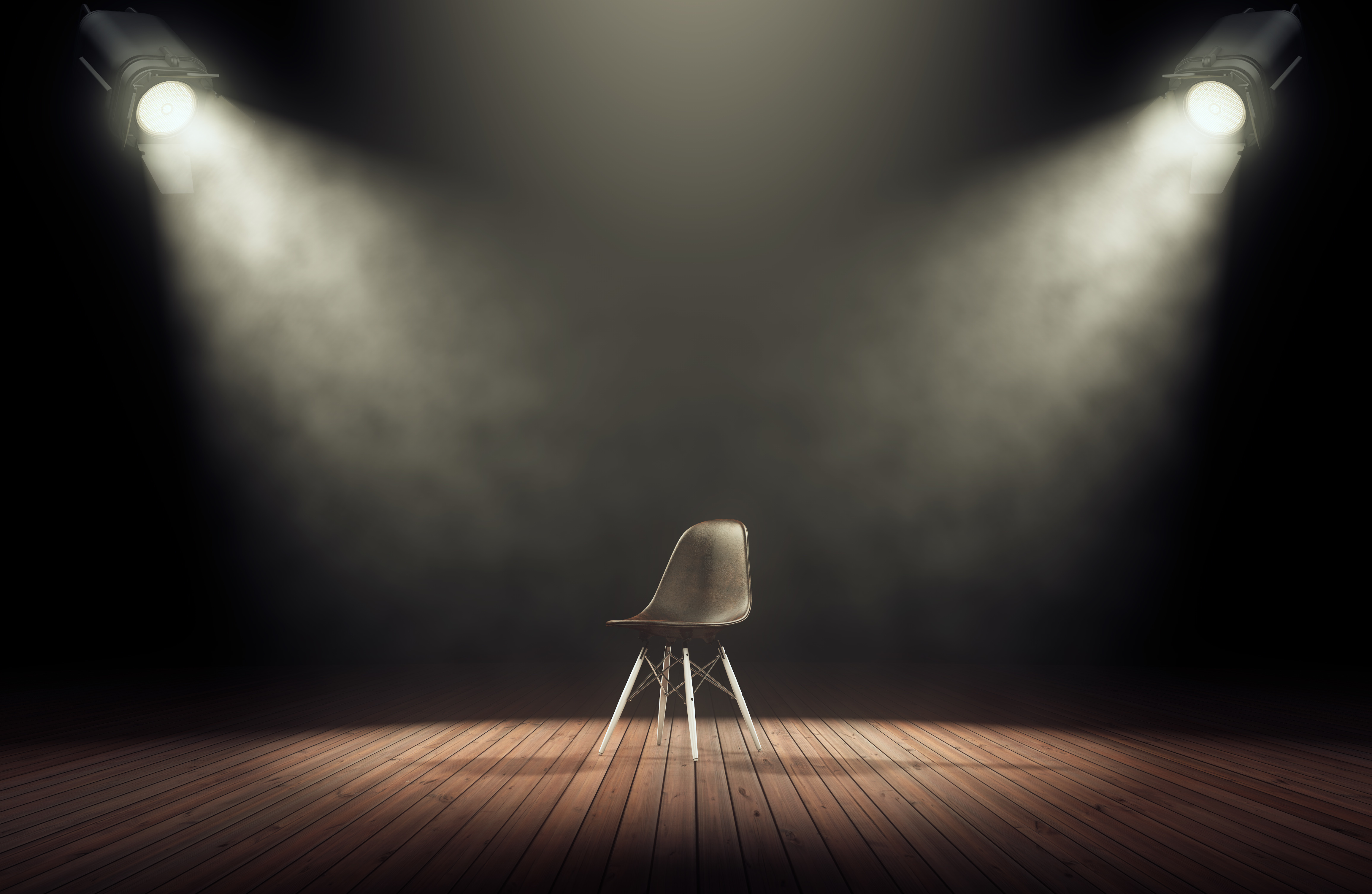 Spotlights illuminate empty stage with chair in dark background. 3d