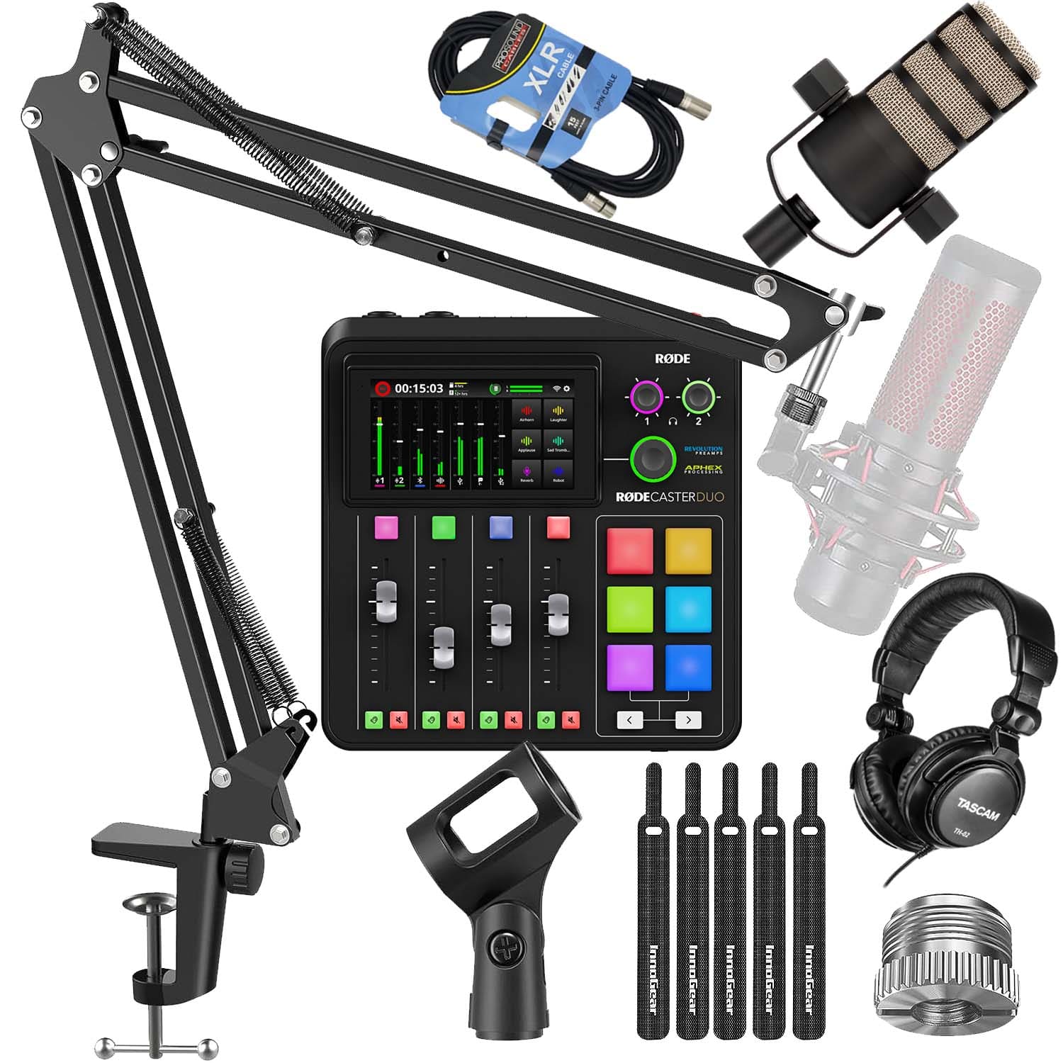 Rode RodeCaster Duo Streaming Mixer, Rode PodMic, Mic BoomArm, Tascam
