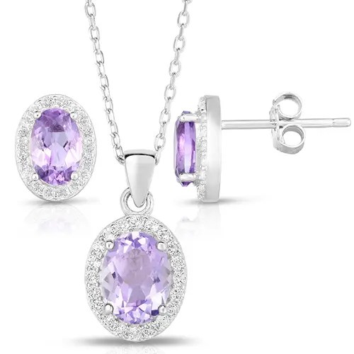 Oval Amethyst & White Topaz Earrings & Necklace Set Power Sales