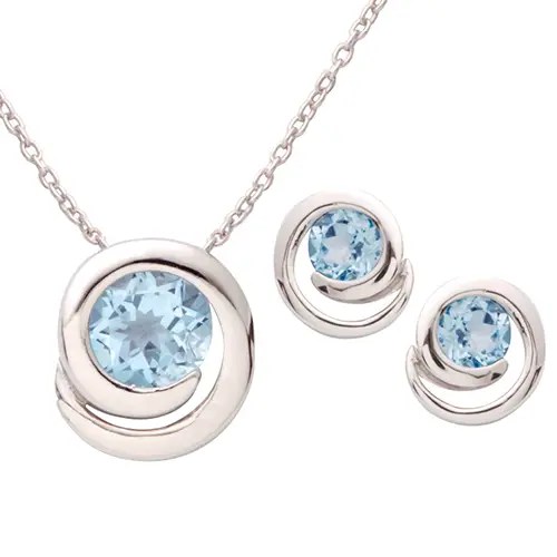 Silver Swirl Blue Topaz Earring & Necklace Set Power Sales