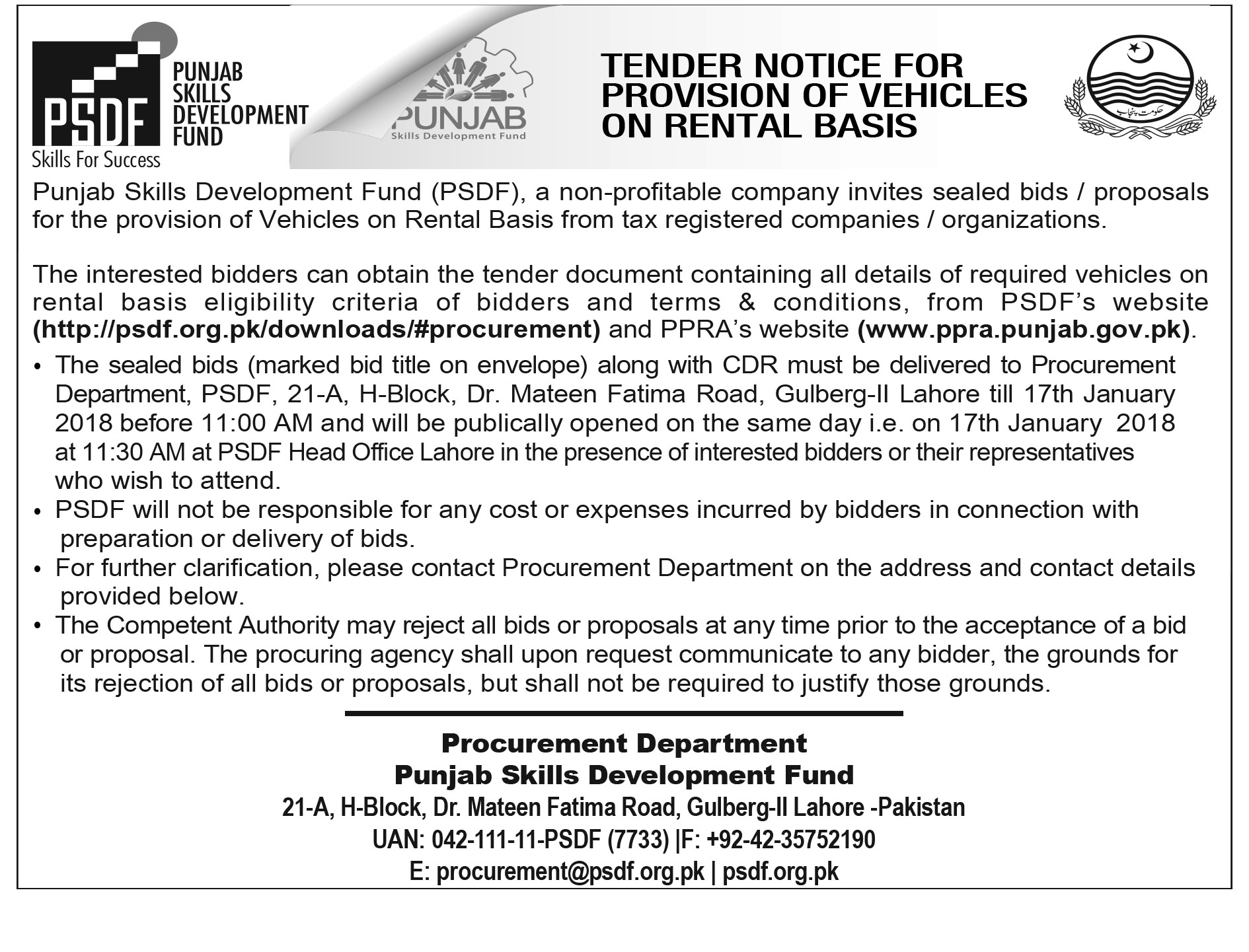 Tender Notice For Provision Of Vehicles On Rental Basis PSDF