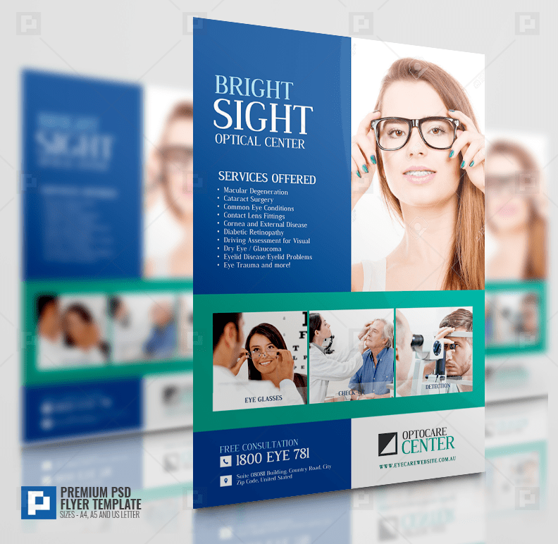 Eye care center flyer PSDPixel