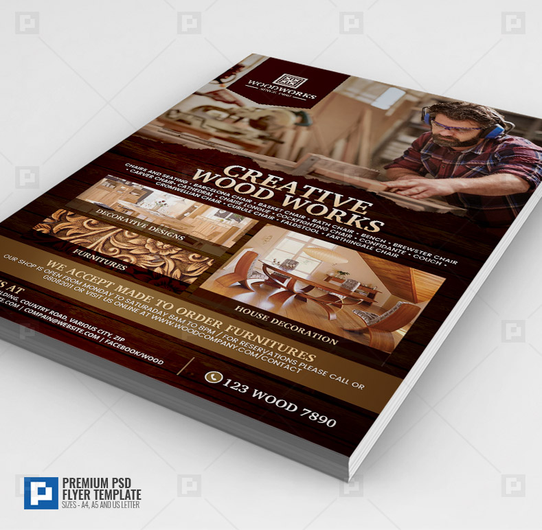 Wood Works Flyer PSDPixel